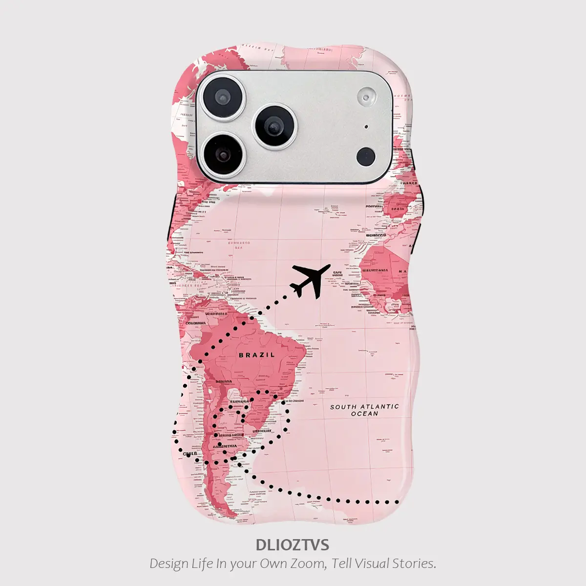 Pink Map and Travel Plane Pattern Phone Case for iPhone 17 Pro Max Air 16 15 14 13 12, Cute Wavy Curved Edge Glossy Protective Shockproof Rugged Cover, Dual Layer Soft Silicone Inner Shell + Hard Plastic Outer Shell, DLIOZTVS Nice Cases