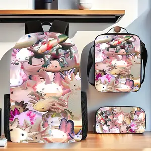 [Back-to-School Gift] Cute 3-Piece Mexican Axolotl Patchwork Print Backpack Set, Includes Lunch Bag and Pencil Case, Suitable for Everyday Outdoor Activities