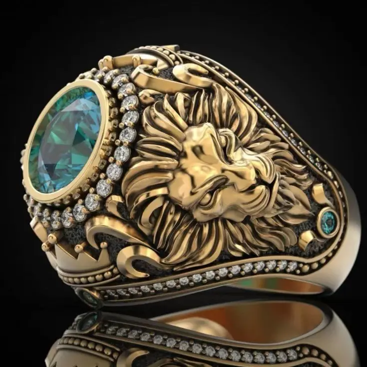 Men's New Vintage European Crown Lion Ring - Gold-Plated, Oval Lake Blue Zircon, Pavé Crystal Costume Jewelry, Street Style Birthday Gift
