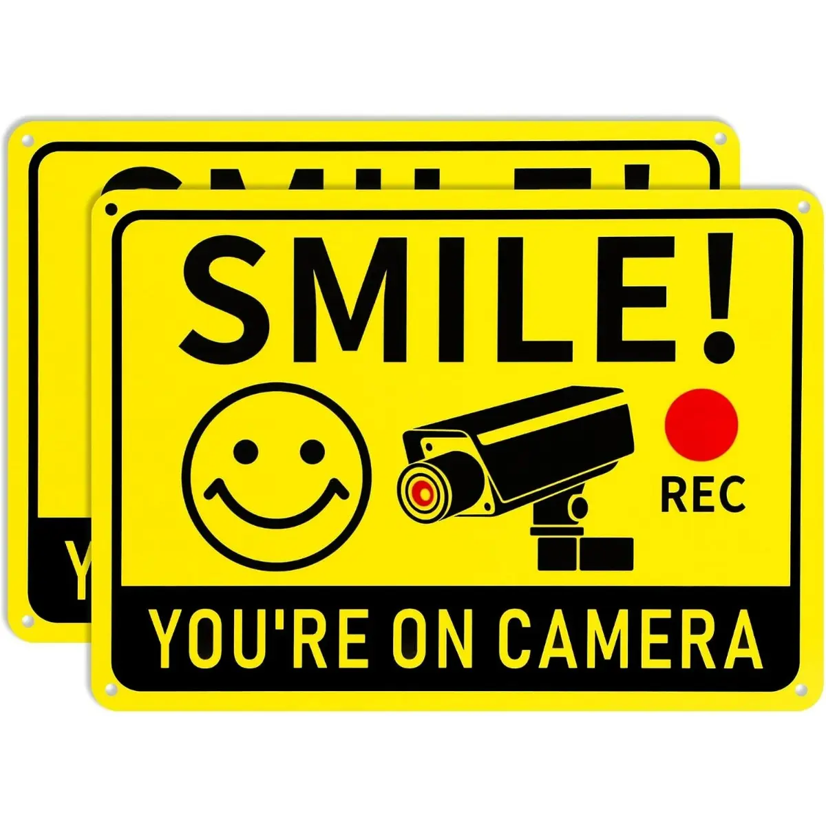 2 Pack 12x8 Inch Smile You're on Camera Sign, Video Surveillance Warning Sign, Outdoor Security Camera Notice Plaque, Funny Safety Wall Decor for Home, Garage, Driveway & Property