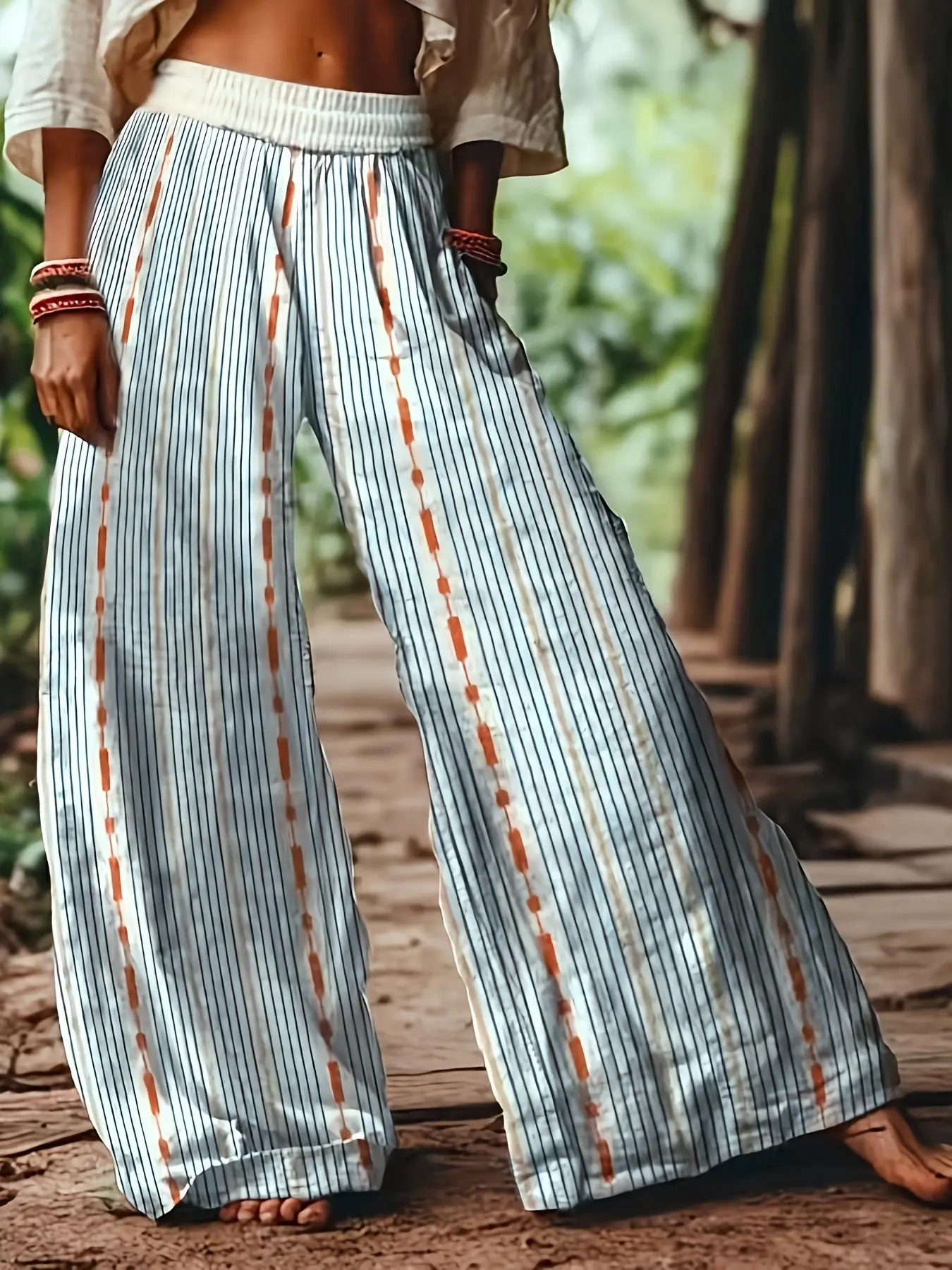 Women's Casual Boho Bohemian Striped Print Loose Baggy Long Pants, Elastic Waist, Comfortable Breathable Fabric, Ideal for Vacation, Home and Daily Wear, Suitable for Spring, Summer and Fall