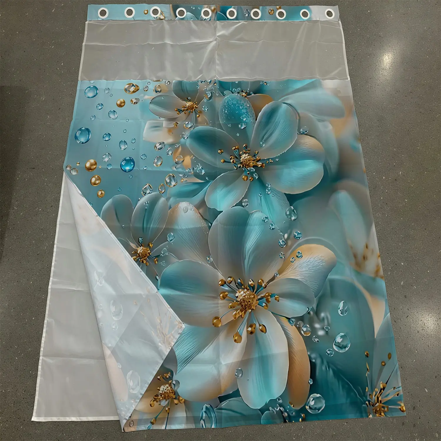1Pc Hookless Double Layer Decorative Aesthetic Shower Curtain, Aqua Blue 3D Floral Waterdrop Print, Elegant Luxury Bathroom Decor, Water Repellent Washable Fabric, Removable Snap-in Liner, Top See-Through Window, For Apartment, Hotel, Guest Bath, RV