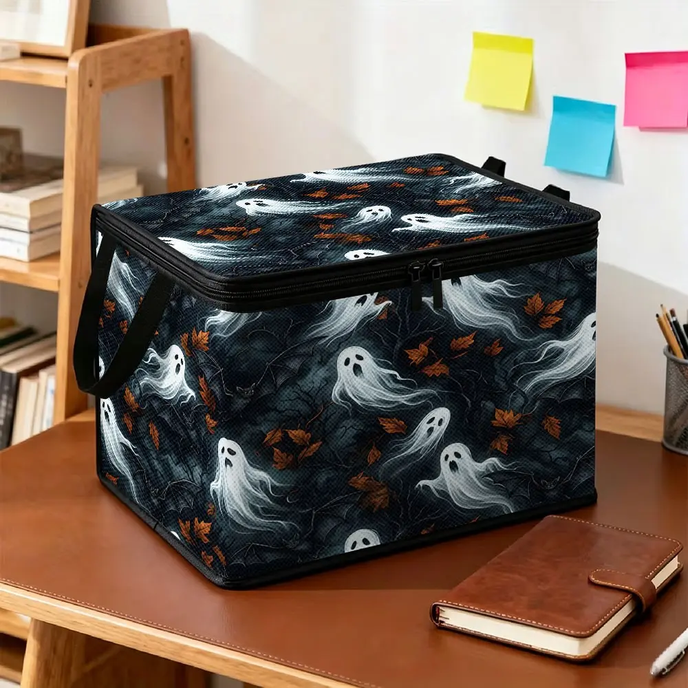 Non-woven Storage Bins with Dark-Style Halloween Prints of Ghosts, Maple Leaves and Bats, Foldable Fabric Storage Boxes with Zippers, Handheld Double-Zipper Foldable Dustproof Fabric Organizers, for Bedroom Wardrobe Storage, Halloween Home Decoration, Dus