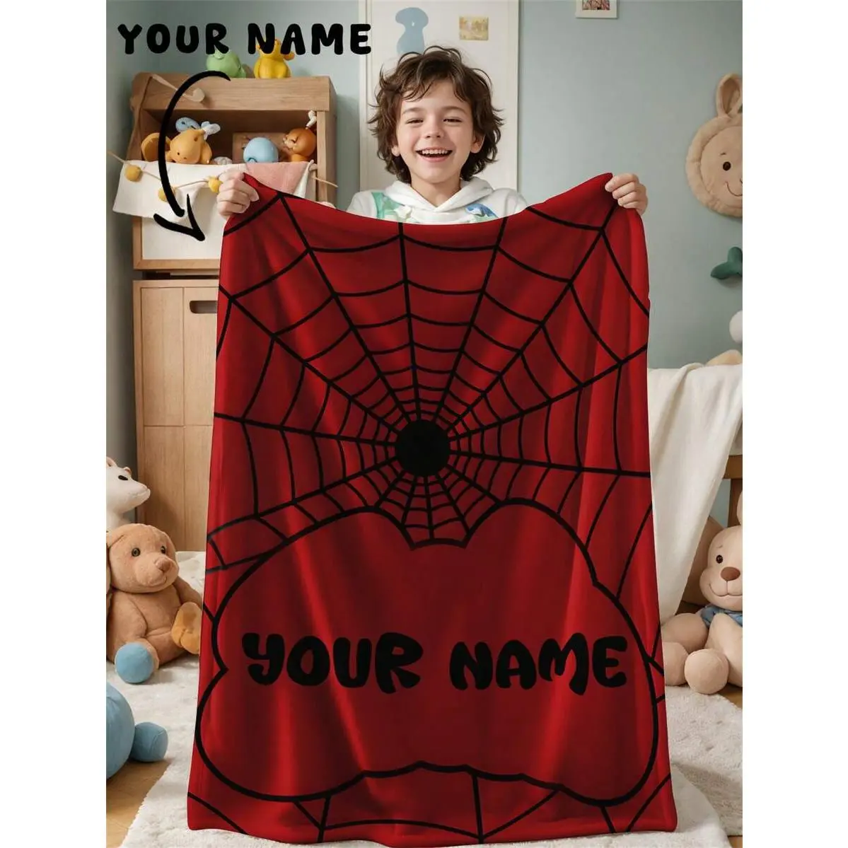 Custom Web Pattern Personalized Name Blanket for Boys, Red Web Design Custom Name Flannel Throw Blanket, Unique Superhero Themed Personalized Gift for Boys Birthday, Cozy Soft Decorative Couch Blanket for Kids Bedroom