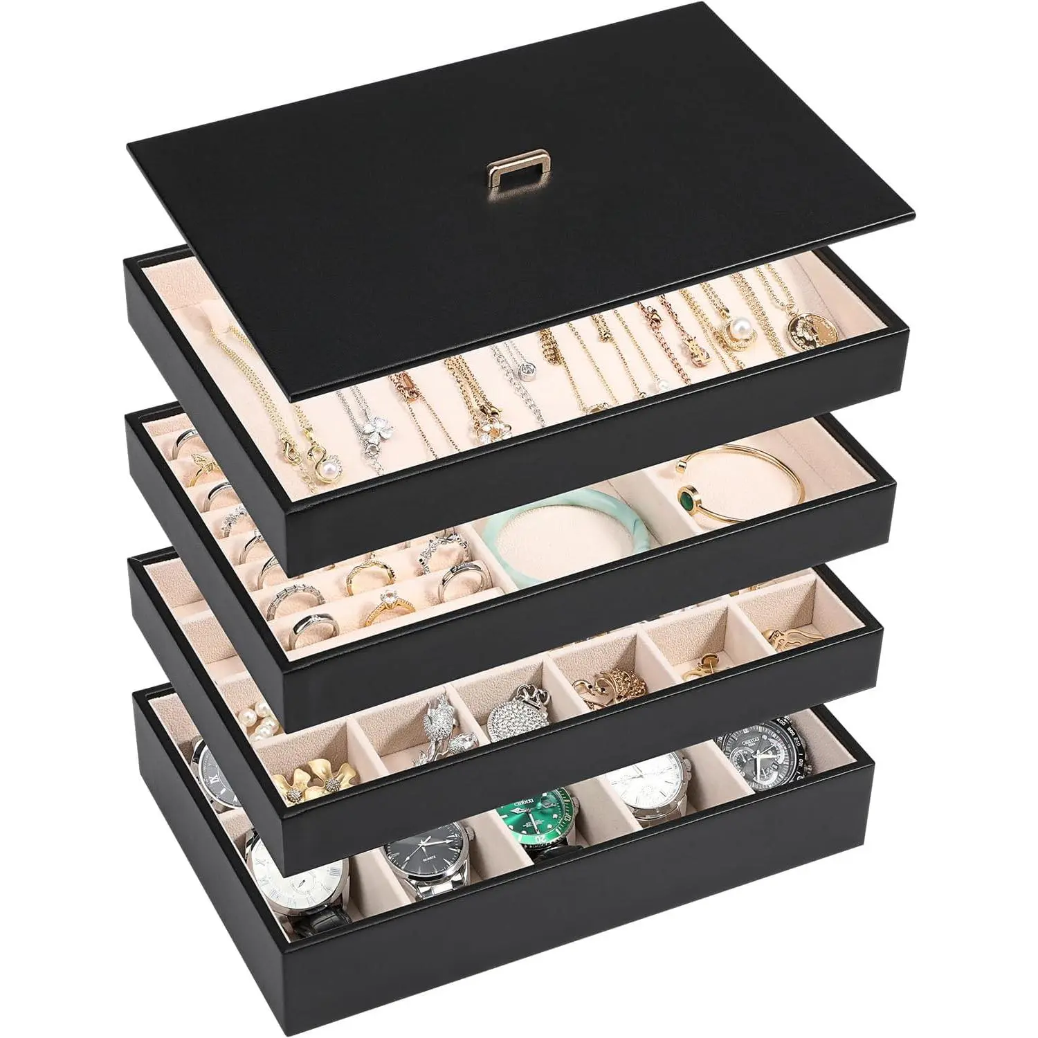 Stackable  Organizer Tray with Lid, PU Leather  Storage Holder for Drawer Inserts, Jewellery Display Box Case for Earring Necklace Ring Watch Bracelet (Set of 4, Black)