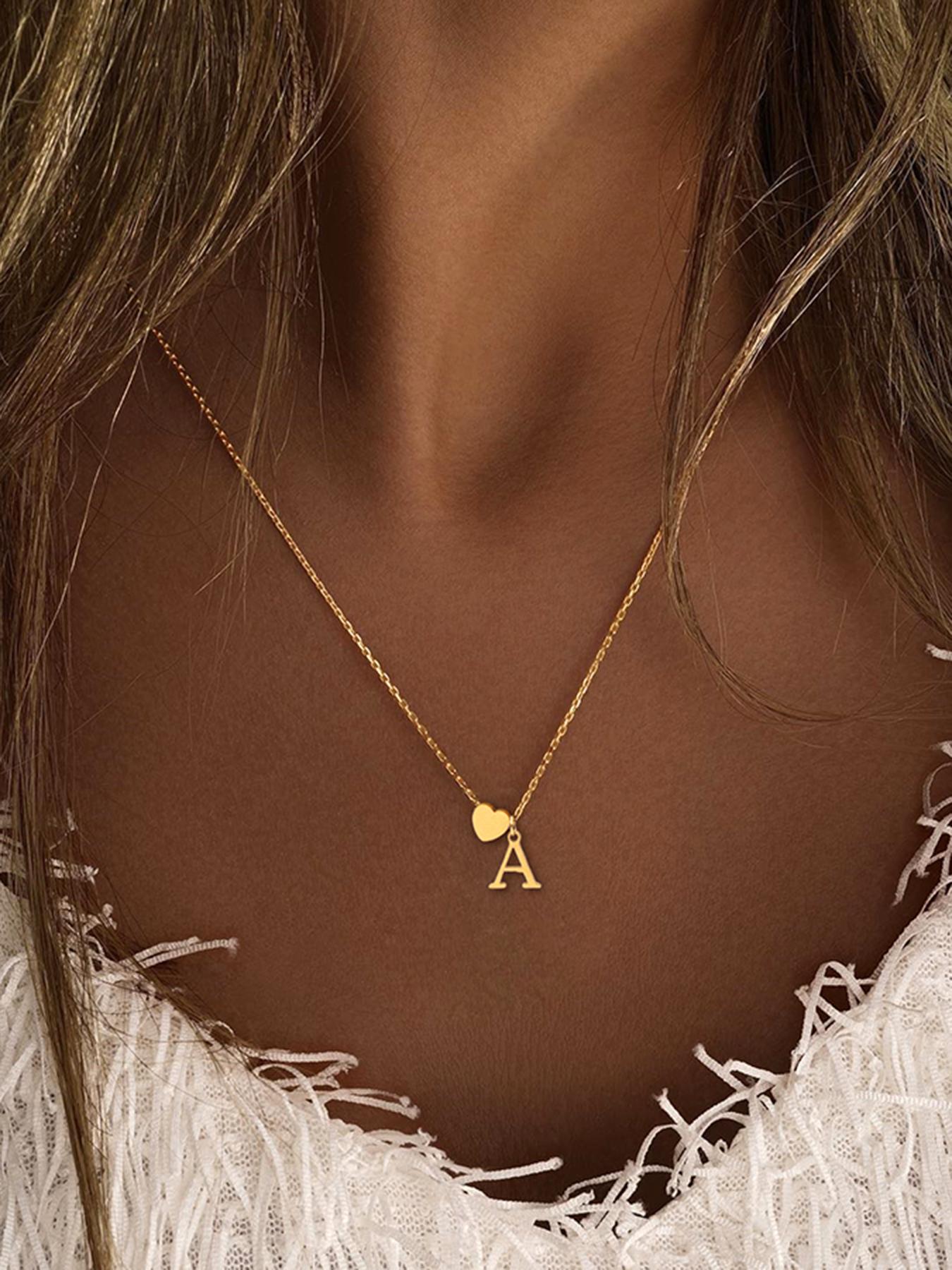 Letter & Heart Charm Necklace Initial for Women, Classic Jewelry for Girls Gift, Fashion Jewelry for Party, Daily Clothing Decor, Exquisite Chain Jewelry for Gift