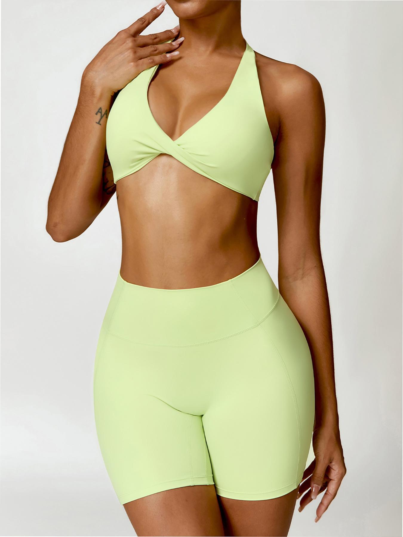 2 Counts Women's Solid Twist Ruched Backless Halter Crop Top & High Waist Short Leggings Tracksuit Set, Sporty Outfits Activewear Fitness for Yoga Gym Workout Running, Sports Quick Drying Set, Ladies Sportswear for All Seasons, Two Piece Sets Tracksuits
