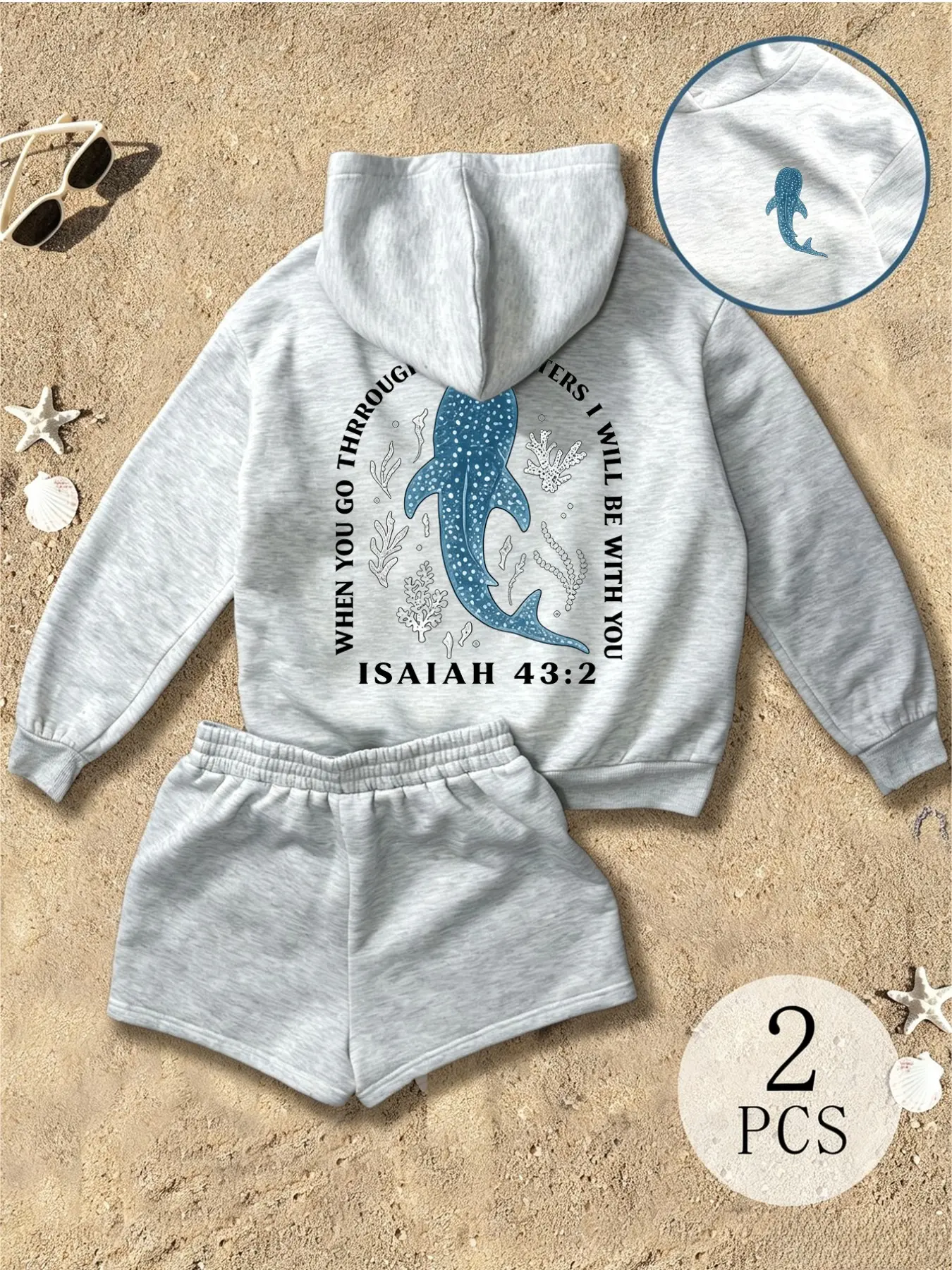 2 Pack Women Matching Outfits Drawstring Hoodie Dolphin Shorts Set Whale Bible Verse Print Oversized Loose Tracksuit Fall Aesthetic Fashion Outfits Inspo Casual Everyday Going Out Daily Soft Thick Fleece Loungewear Two Piece Sets for Ladies Clothes