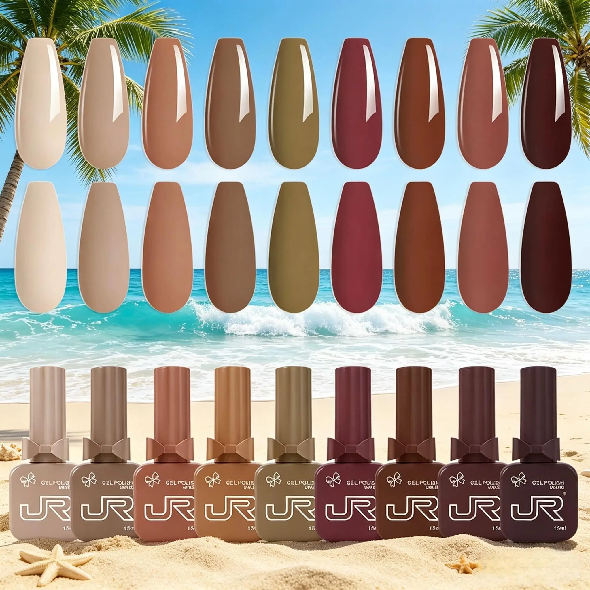JR 9 Colors 15ml Brown Gel Nail Polish Set Bow Bottle Design Nude Gel Polish Kit UV LED Soak Off Polish Home DIY Gift Dark Brown Colors Nail Gel Polish Kit Series Manicure Nail Art