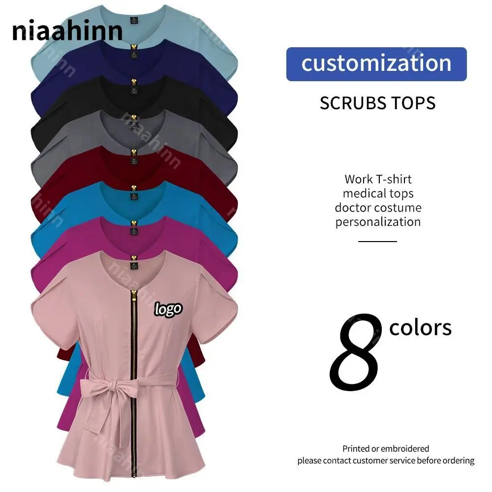 Nurse Scrub Tops Printed or Embroidered Logo Pet Veterinary Work Clothes Women Solid Color Tops Short Sleeve Pocket Spa T-shirts