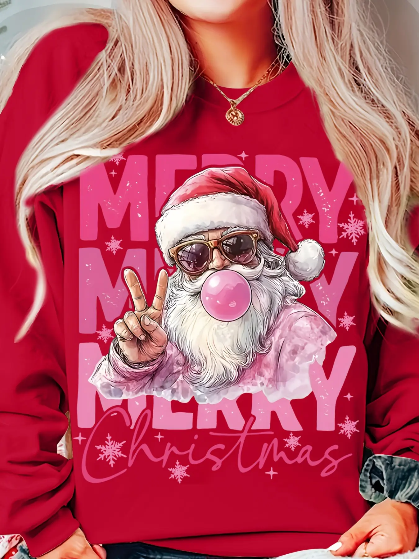 Women's Santa Claus Bubblegum Christmas Print Sweatshirt, Vintage Christmas Style, Loose-Fitting Long Sleeve Top, All Seasons