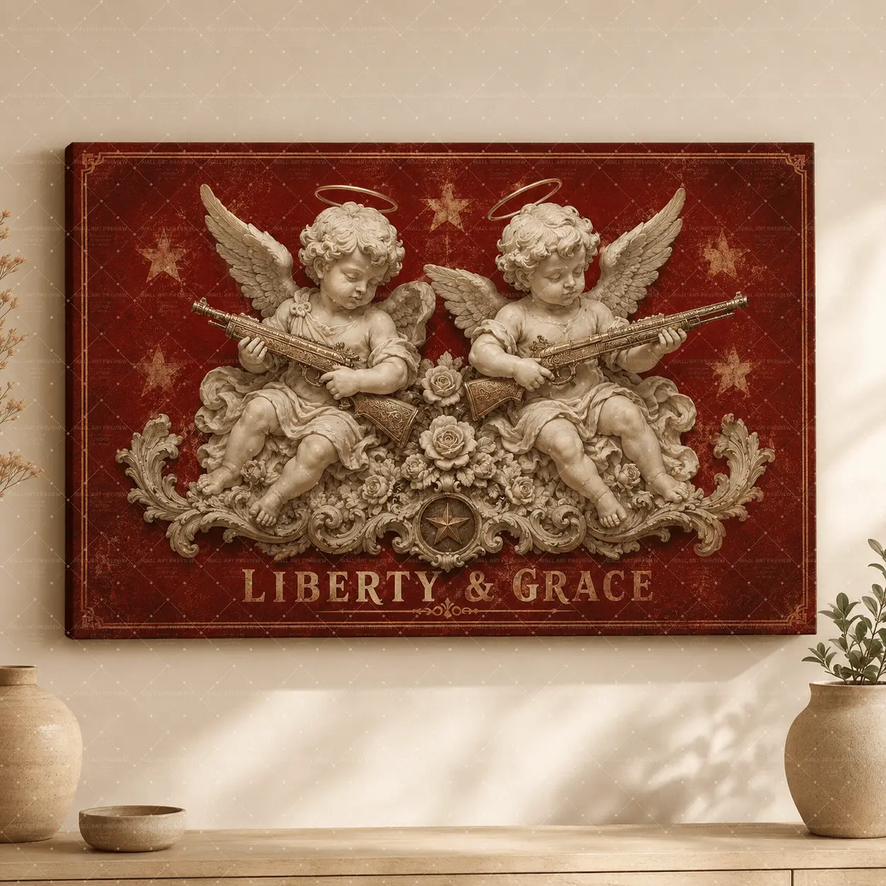 Liberty & Grace" Vintage Cherub Canvas Wall Art, Classic Red & Cream Aesthetic Print, French Country Farmhouse Living Room Dining Room Decor, Statement Poster Gift,wall decor,poster.