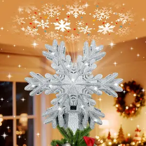 Lighted Christmas Tree Topper with Snowflake Projector LED Rotating 3D Glitter Snowflake Hollow Design Silver for Home Office Indoor Christmas Tree Decor