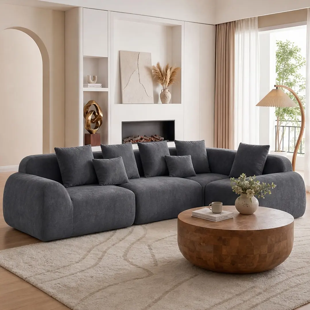 ARCH Oversized Cloud Velvet Curved Sectional Couch 118in L-Shape Chaise Sofa with Compression Memory Foam Upholstered Living Room Furniture No Assembly Required Grey 4-Seat, Grey Color Options, Foam+Spring Material, 4 Seat Seat Count