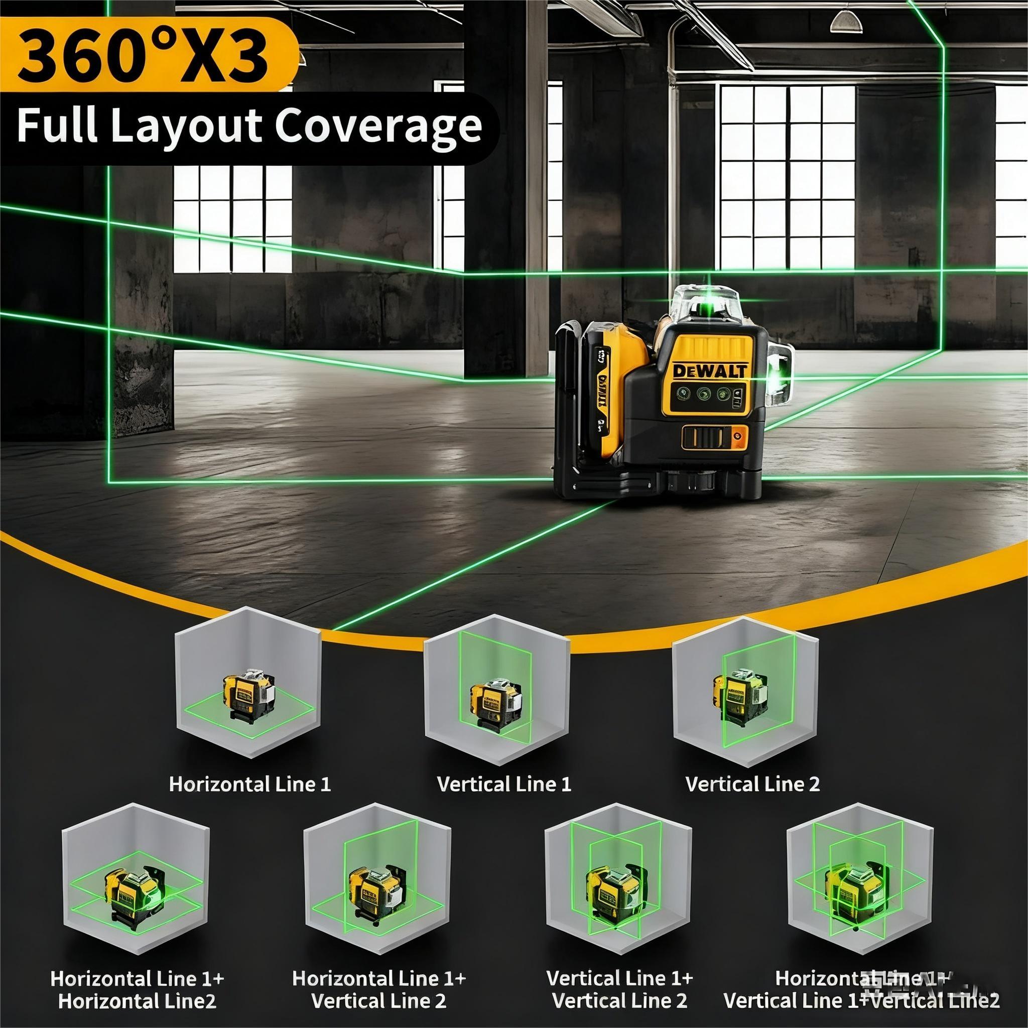 DEWALT DW089LG 12V Cordless Green Laser Level 12 Lines 360° Coverage Li-ion Battery Powered for DIY Professionals Outdoor Tool