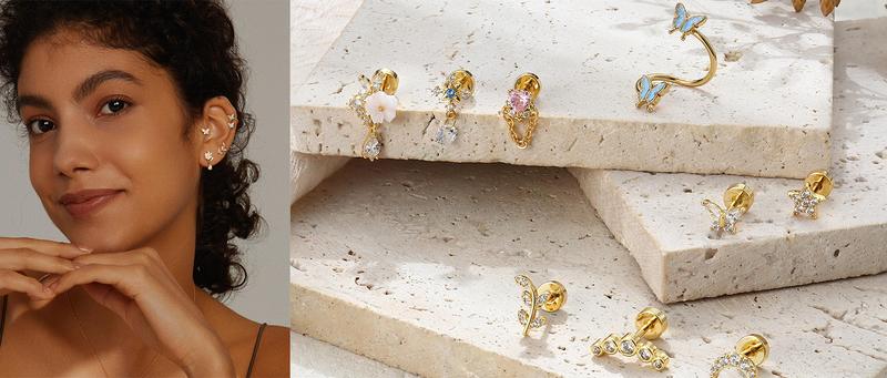 LOLIAS 9PCS 16 Gauge Cartilage Earrings Helix Earrings for Women Stainless Steel Helix Piercing Jewelry Leaf Butterfly CZ Studs Flat Back Cartilage Earrings