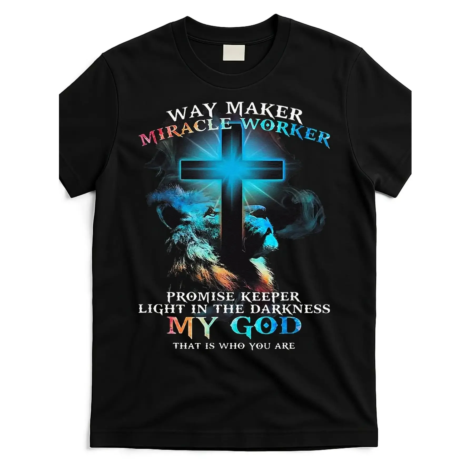 [Retro Christian T-Shirt] Retro Christian Graphic T-Shirt - Way Maker Miracle Worker Jesus Lion Design with Inspirational Scripture Quotes, Black Comfortable Round Neck Short Sleeve Tee for Casual Sportswear & Outdoor Activities, Machine Washable All-Seas
