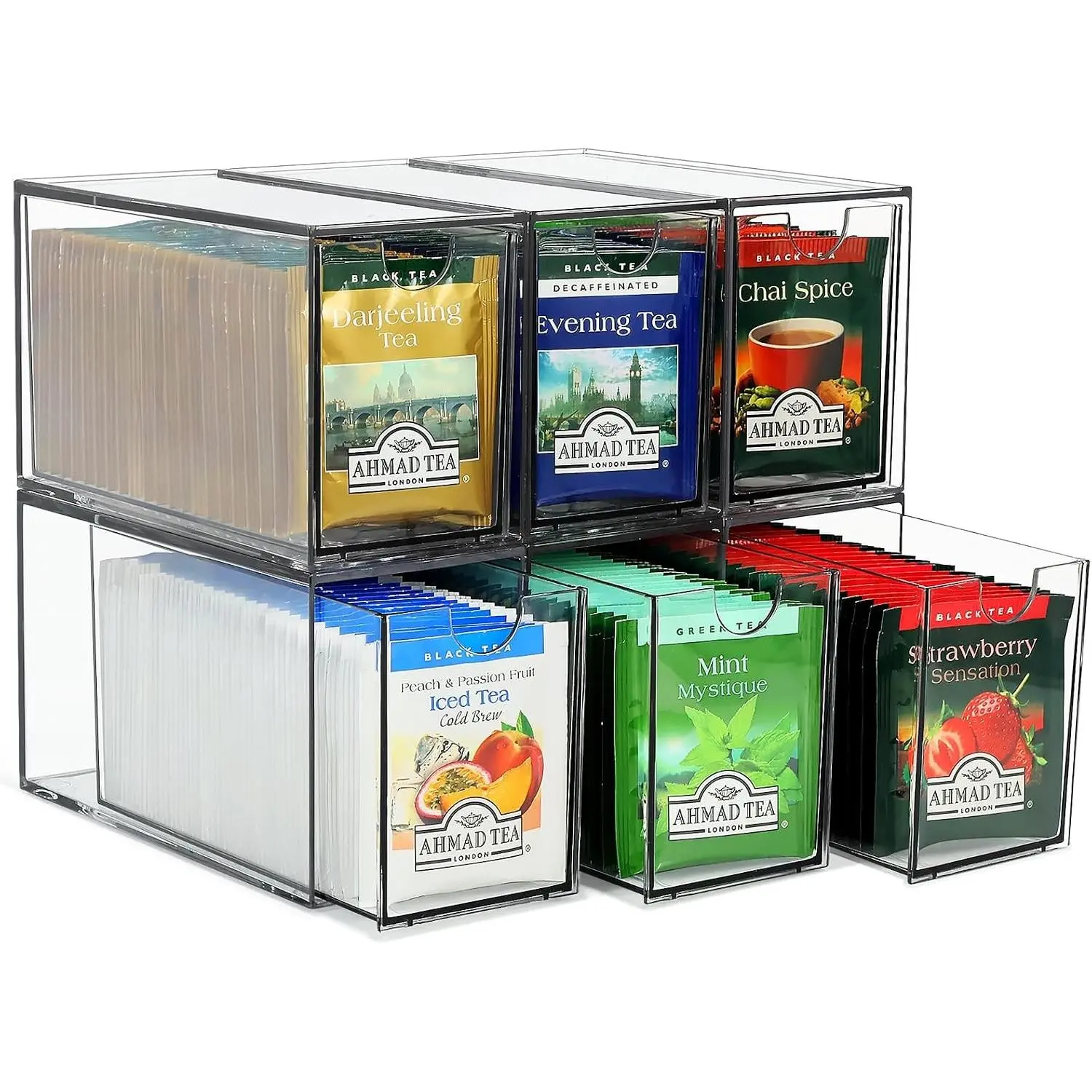 6 Pack Acrylic Tea Bag Organizer, Plastic Drawer Storage Holder Container for Cabinet
