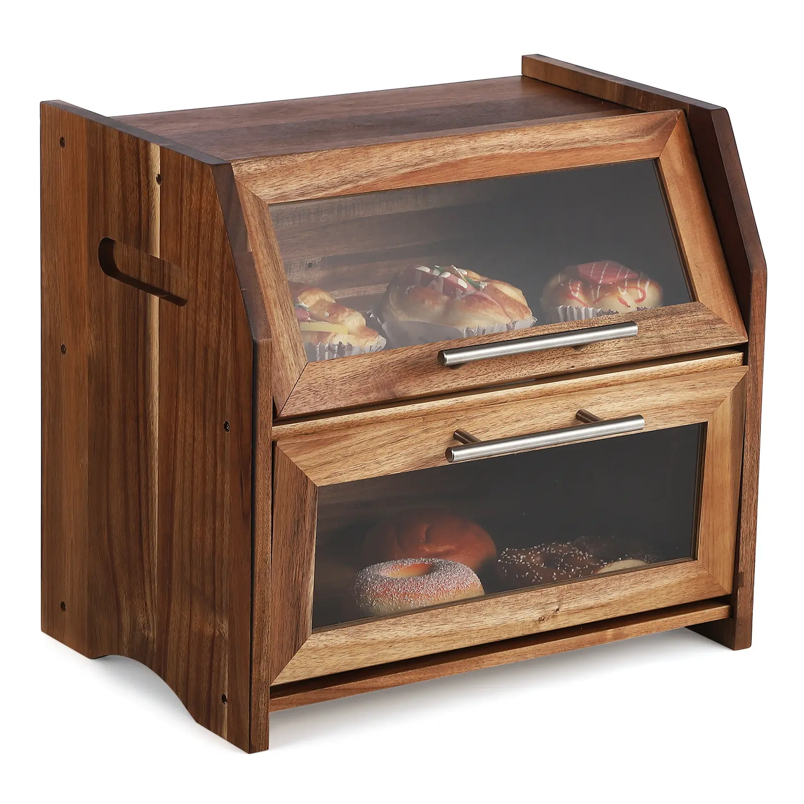 Double Layer Wooden Bread Box for Kitchen Countertop, Wooden Bread Storage Bin， Large Capacity Storage Container with Clear Windows
