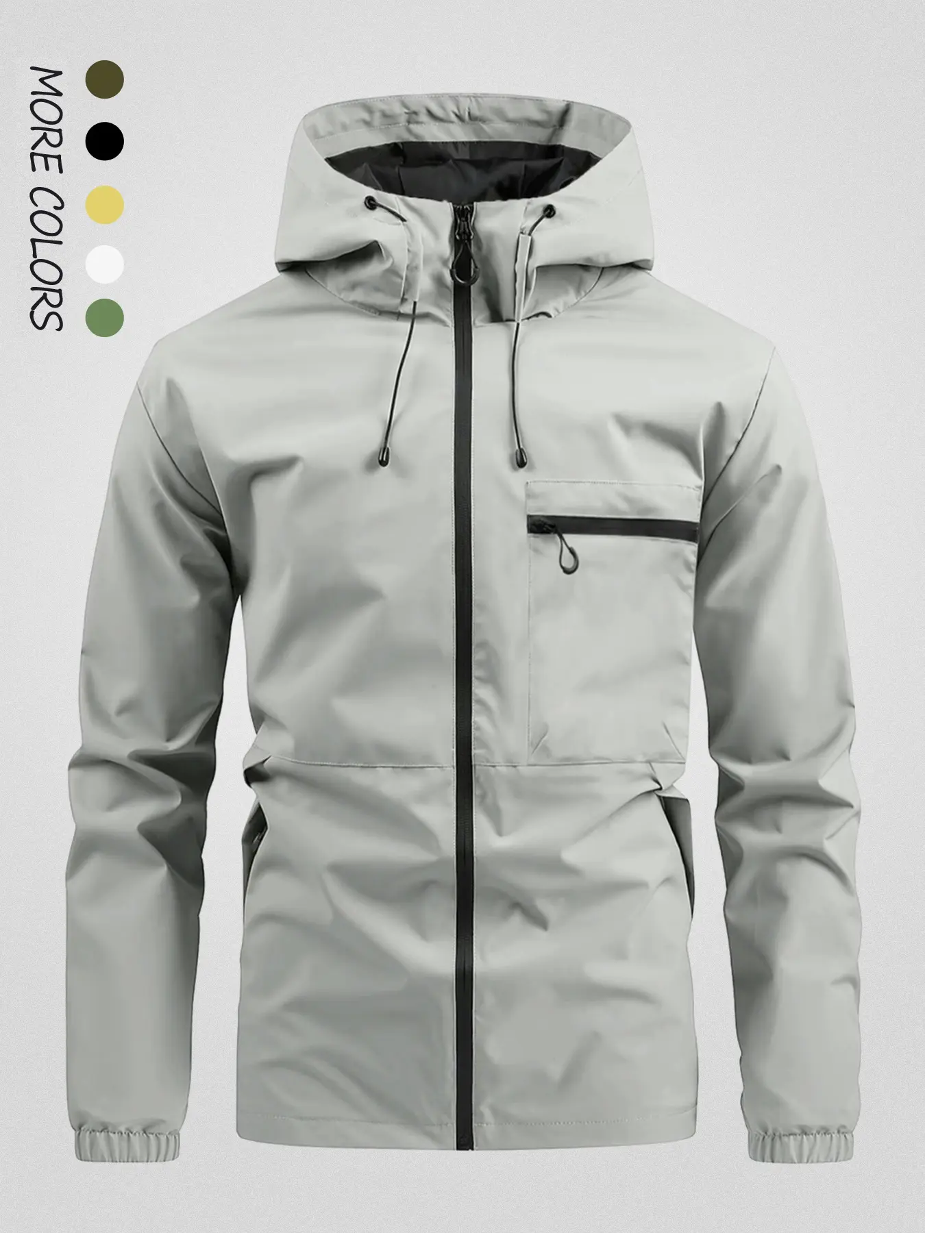 Men's solid color hooded waterproof and windproof trench coat, fully zippered adjustable drawstring cap outdoor hard shell jacket, multiple zippered pockets with elastic cuffs, lightweight rainproof trench coat, breathable casual jacket suitable