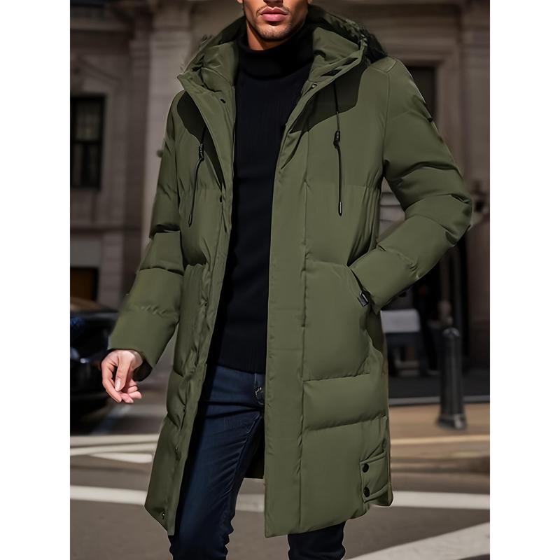 Men's Relaxed-Fit Hooded Winter Polyester Knit Jacket - Black, Mid-Length, Zip-Front, Lightweight Warm Solid Plain Long-Sleeve Top with Hand Pockets, Daily Casual Sports Outerwear