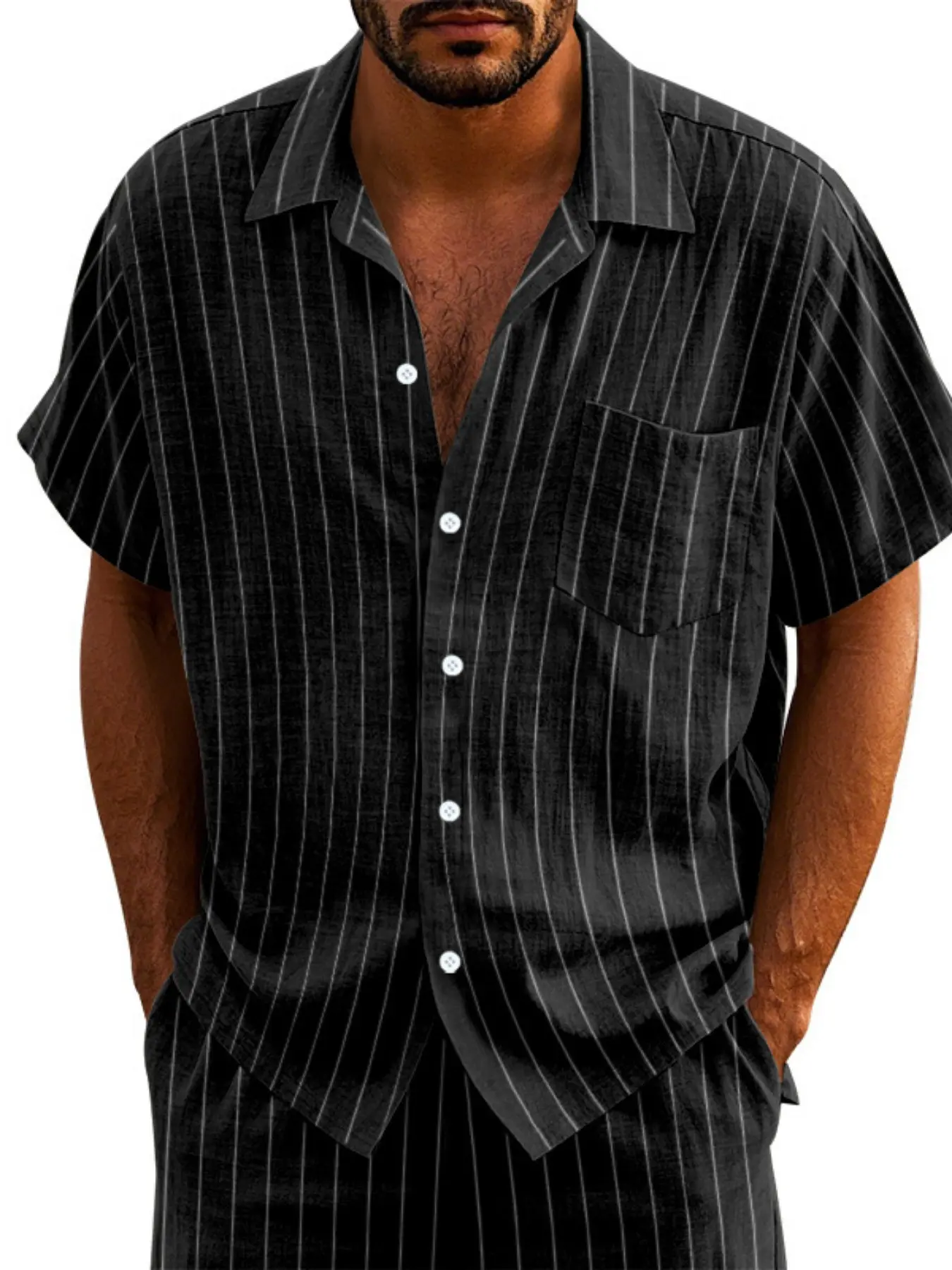 Men's Linen Floral Shirt, Vertical Stripe Design, Button-Down Collar, Loose Fit, Breathable, Casual Short Sleeve Top