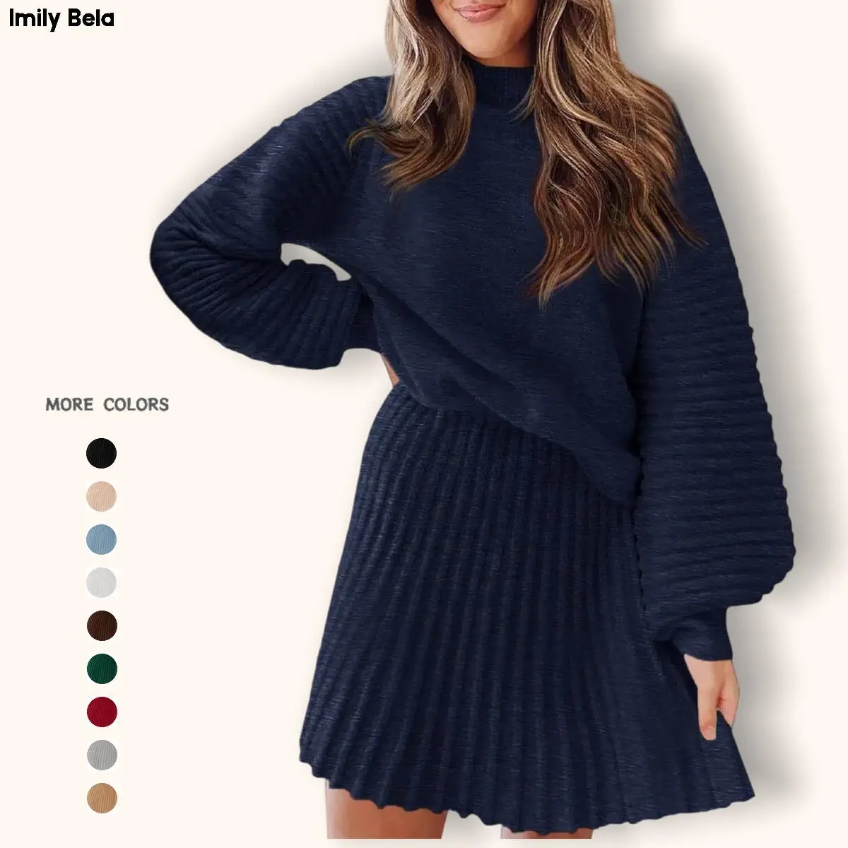 Women's 2 Piece Sweater Set, Elegant Puff Long Sleeve Mock Neck Top and Fitted Mini Skirt, Ribbed Knit Casual Wear, Puff Sleeve, Clothes, Fashion, Longsleeves