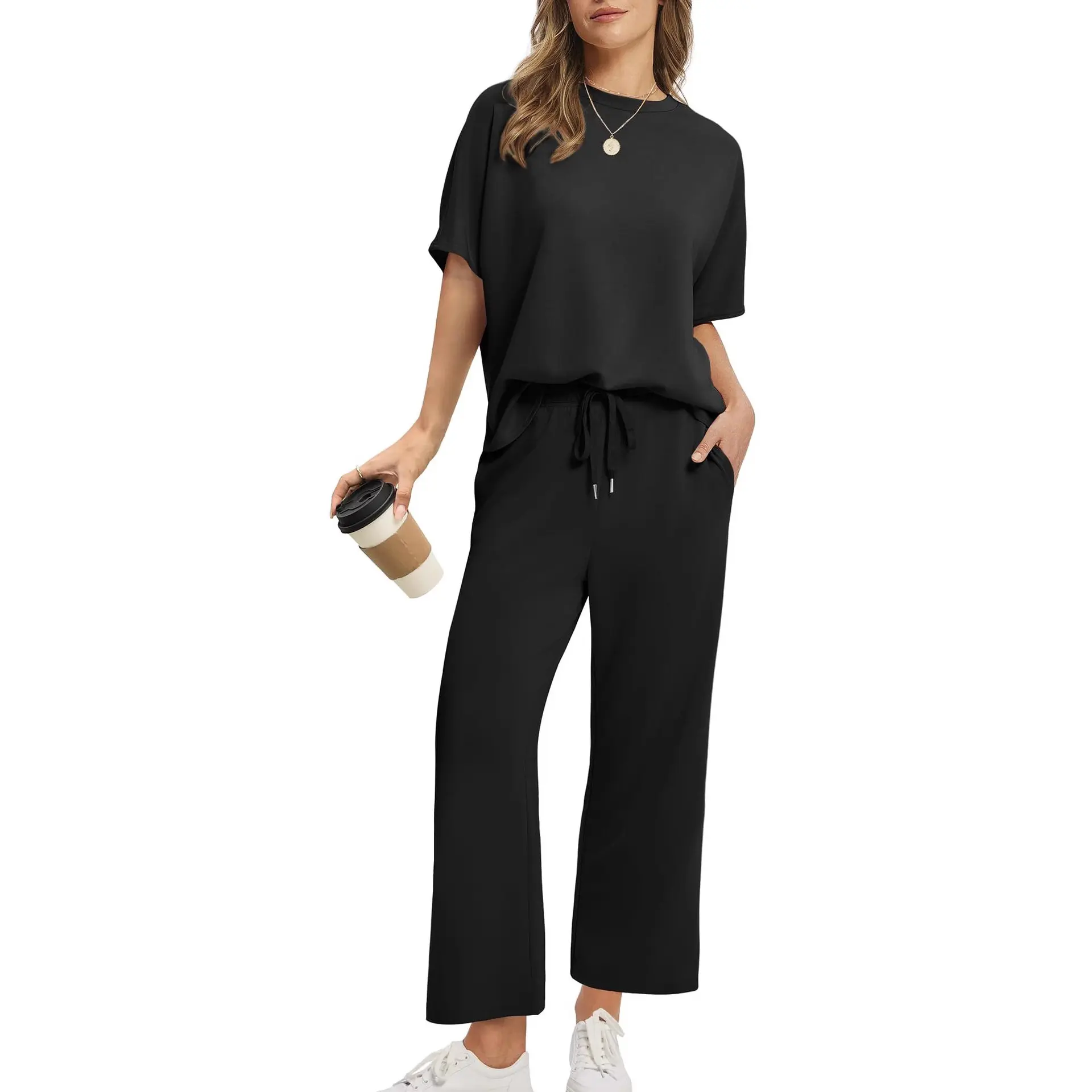 Women's 2-Piece Basic Matching Casual Tracksuit - Solid Color, Soft Lightweight Round Neck Short Sleeve Tee, Drawstring Elastic Waist Wide Leg Pants with Side Pockets, Wrinkle Resistant, All Season Loose Fit Everyday Commuter Outfit, Size S