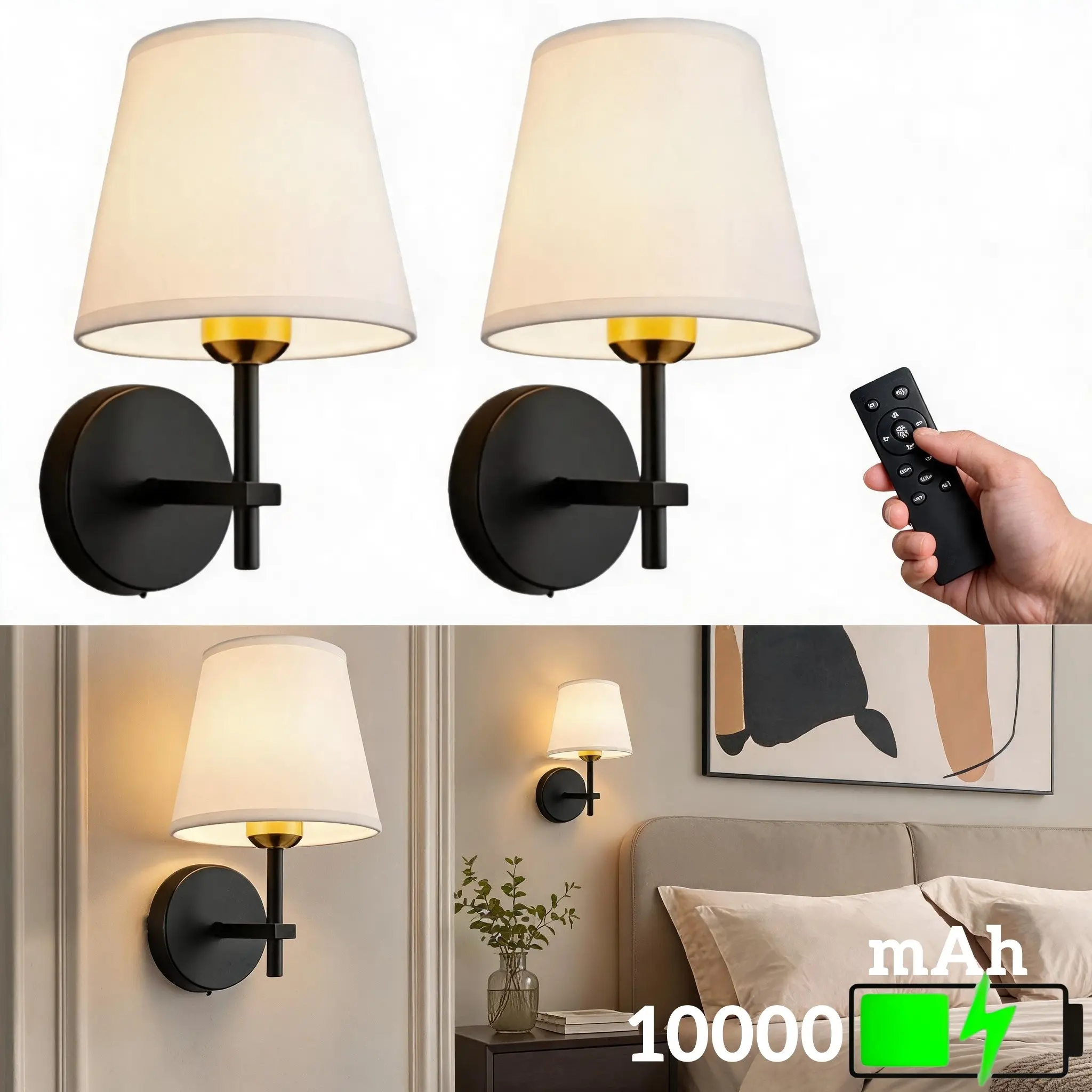 Battery-Powered Wall Light Set (2 Pieces), Wireless Rechargeable, 10000mah, Adjustable Three Colors, Magnetic Installation, Bedroom, Living Room Decor, Home Lighting