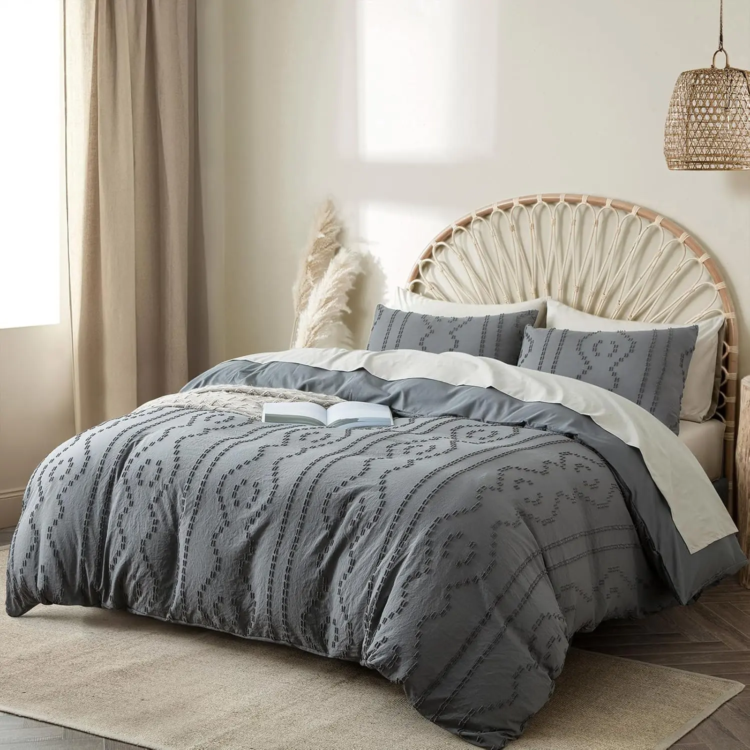 Duvet Cover Queen, 3PCS Duvet Cover Set, Pattern Tufted Bohemian Comforter Cover Knit Textured Bedding Set with Zipper Closure (Dark Grey)
