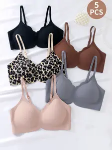 Women's Seamless Jelly Gel Push-Up Bra, Everyday Wireless Backless Lingerie Underwear, Slim-Fitting Max Support, All-Over Print, Casual Style, 1/3/5pcs Set