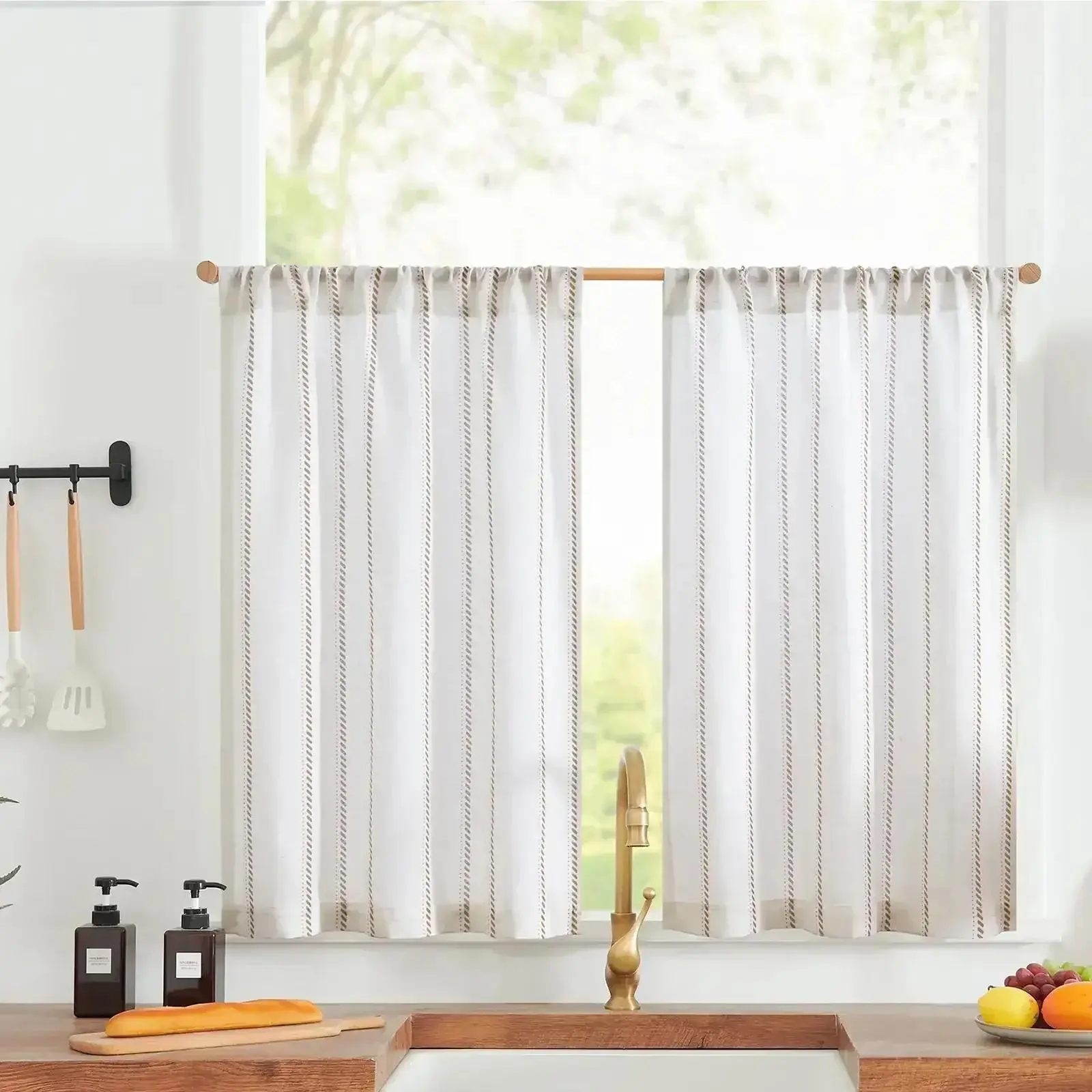 Linen Striped Kitchen Curtains, Suitable for Campers, Glass Doors, Cabinets, Basements, Bathroom, Rod Pocket, Machine Wash