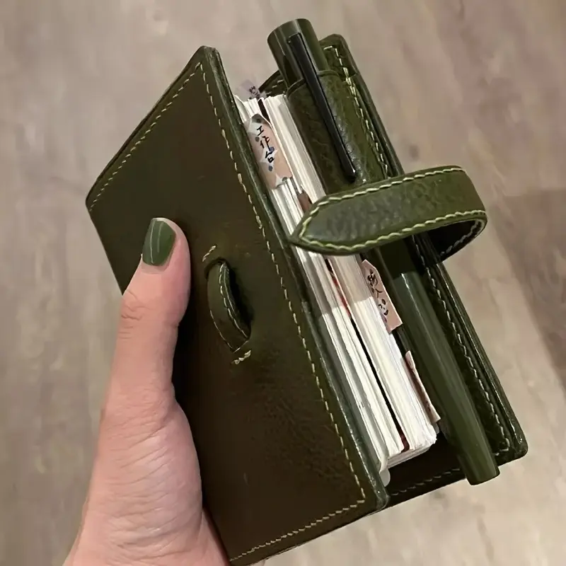Olive Green M5 Loose Leaf Ledger Notebook - Faux PU Leather Cover, Golden Spiral Binding, 180° Flat Lay, 12x8cm Unlined Thick Pages, Refillable Stylish Functional Planner Journal, Portable Premium Stationery, Ideal for School/Office, Party Gift