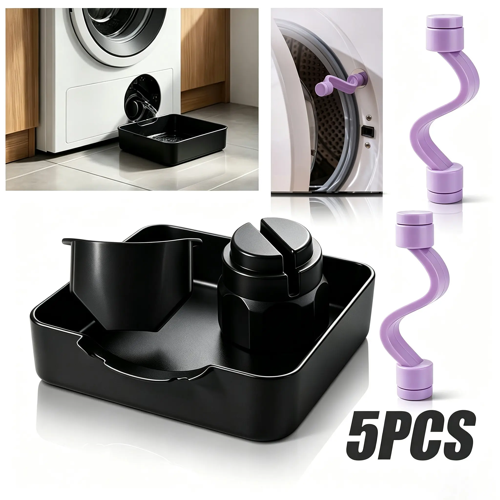 5-Piece Front Load Washing Machine Accessories Kit, Includes Door Stopper, Drain Tray, Gutter, Removal Tools, Keeps Washer Fresh Odor-Free