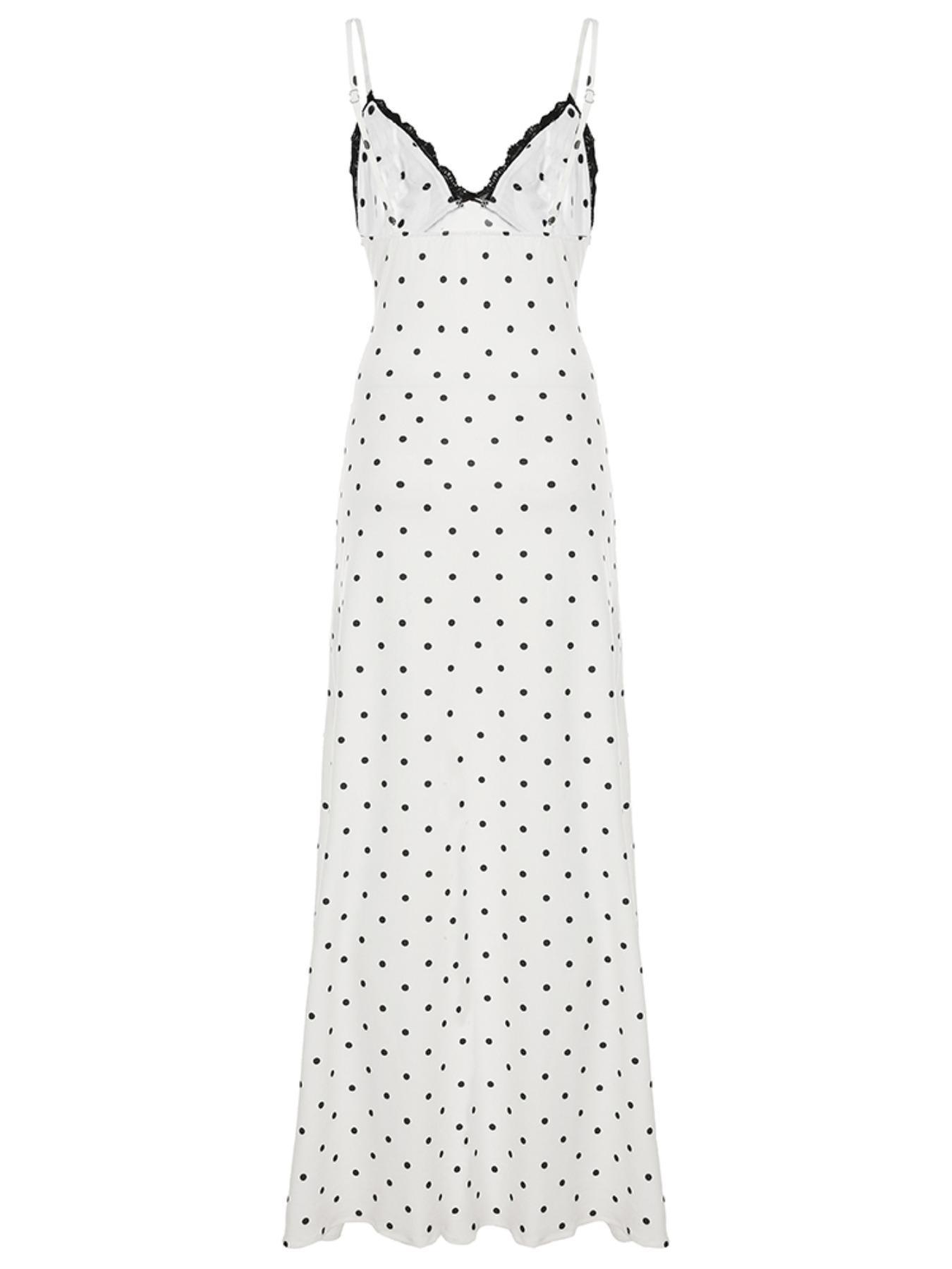 Women's Polka Dot Print Lace Trim Cami Dress, Casual Wear, Summer Clothes Women, Sleeveless Spaghetti Strap Long Dress for Summer, Women's Clothing for Beach Holiday, Womenswear