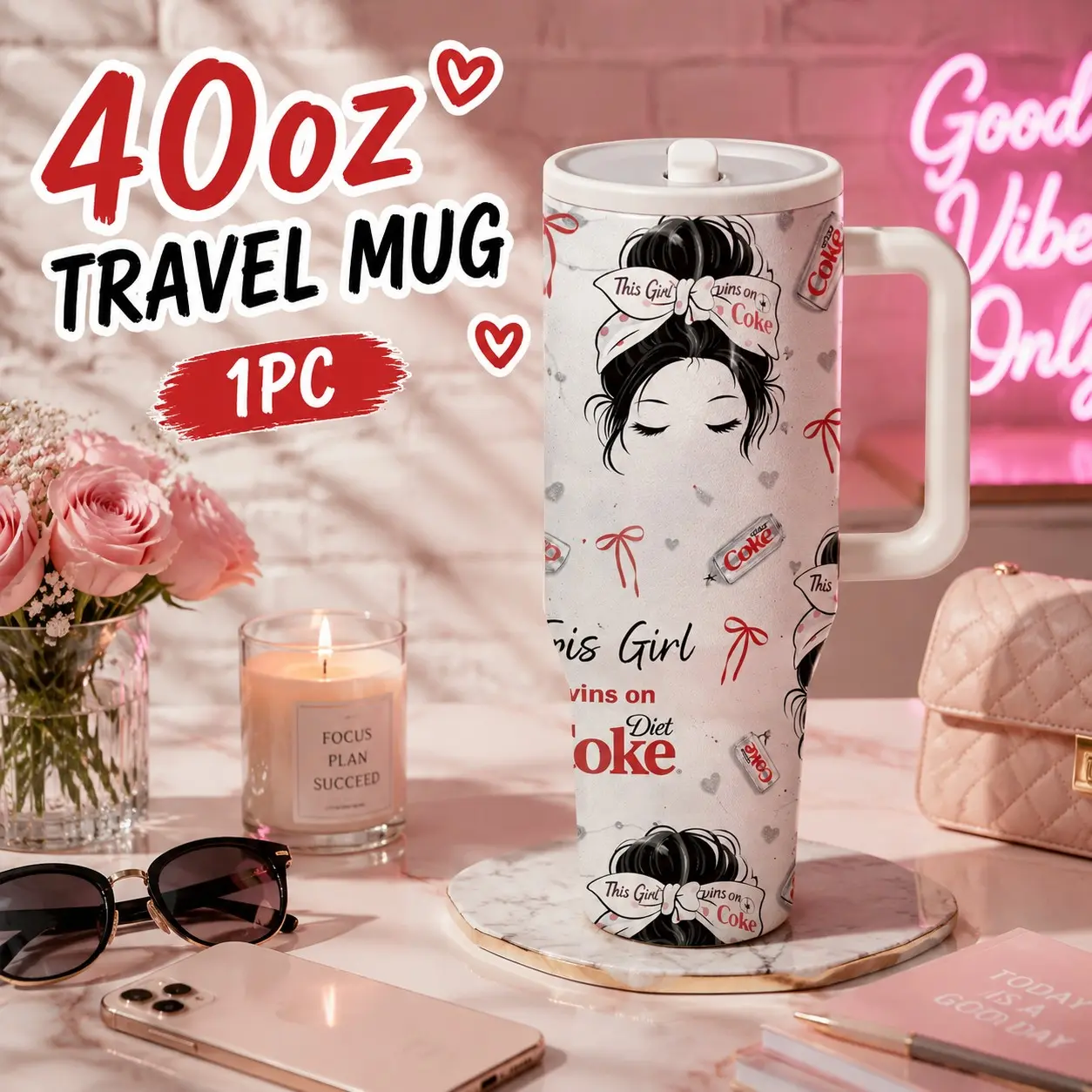 1 Pc 40oz This Girl Runs on CokeInsulated Travel Mug with Handle, Double Wall Stainless Steel Tumbler, Insulated Drinkware, Leak-Proof Lid, Keeps Drinks Cold 24hrs and Hot 12hrs, Graphic Design, Daily Use, Office