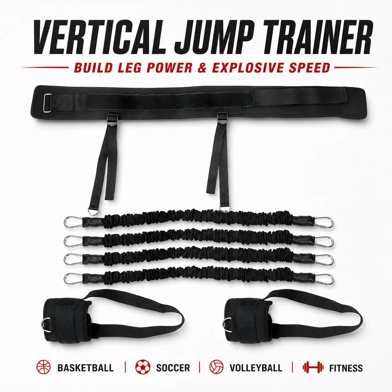 Vertical Jump Trainer Set with Waist Belt and Ankle Straps, Resistance Bands for Basketball Dunk Training, Leg Strength, Speed and Agility Workout, Sport Active