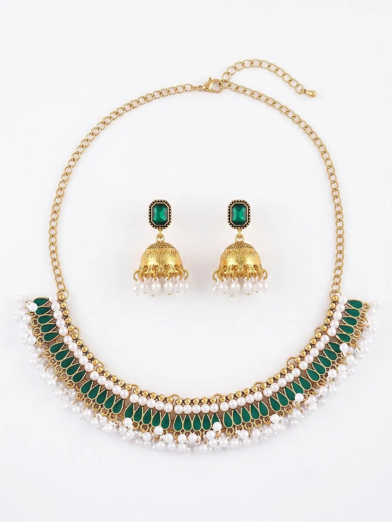 2Pcs Antique Gold Indian Choker Elegant Jewelry Set for Women, Emerald Green Gemstone Pearl Fringe Necklace Jhumka Bell Earrings Pack, Royal Kundan Temple Bridal Bollywood Festival Party Accessories