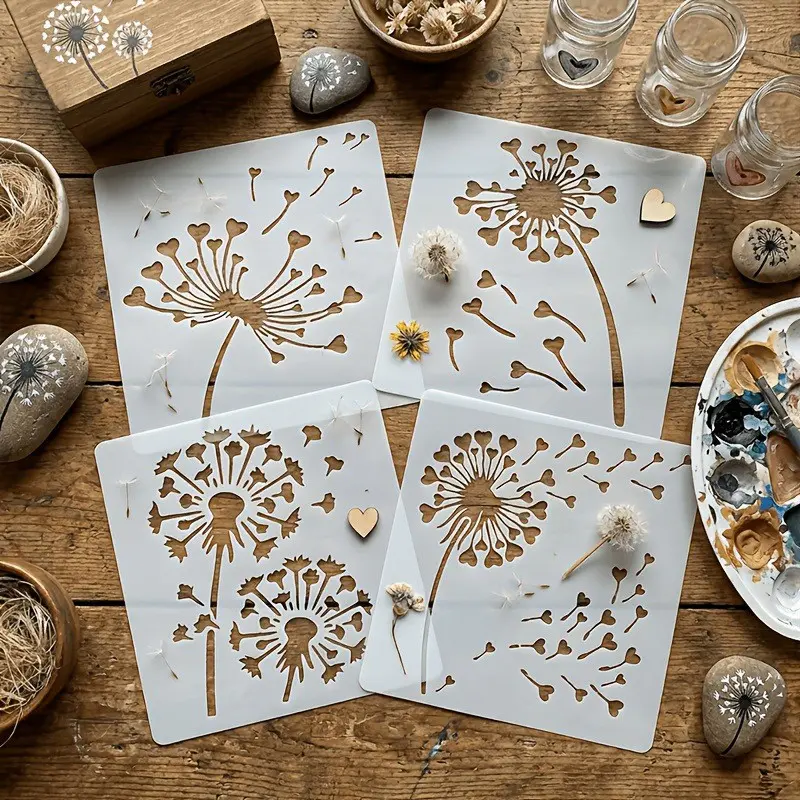 4-Piece Dandelion Template Set, 6.0 Inch, Reusable Plastic, Ideal for Hand Drawing, Painting, Scrapbooking, Wall Art Decor