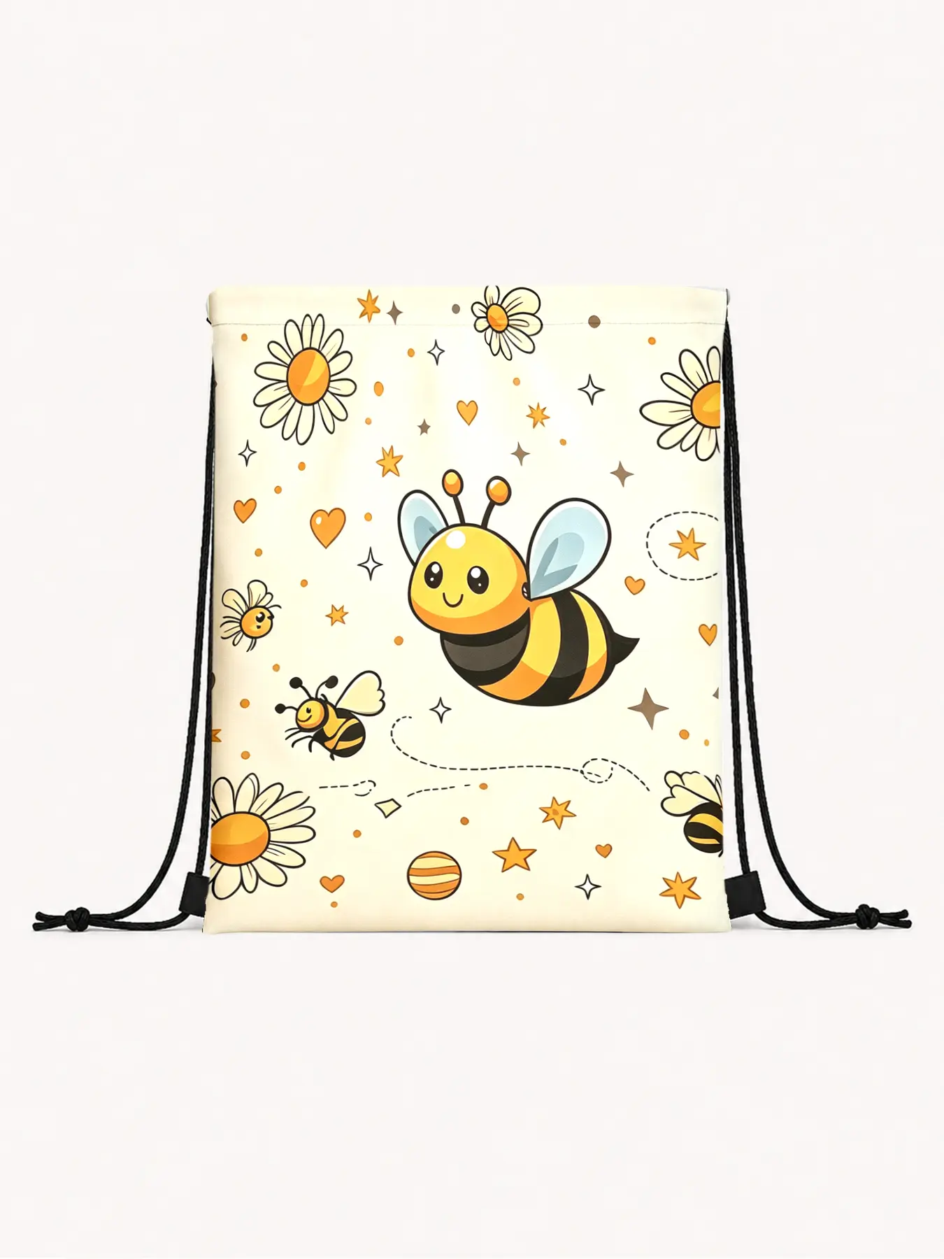 Bee Daisy Pattern Drawstring Backpack, Waterproof Fabric, Ideal for School, Travel, Daily Use, Gift for Bee and Flower Lovers, Cute Backpack