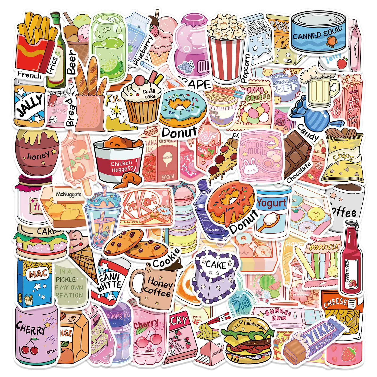 100 Pcs Cute Kawaii Snack Food Drink Stickers Set – Small Waterproof Decals for Water Bottles, Laptop, Phone, Skateboard, Travel Case & Notebook, Trendy Sticker Pack for Teens Girls Boys Kids Adults