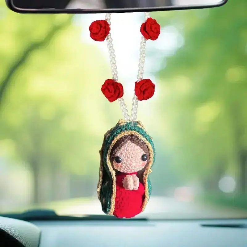 Elegant Virgin Mary Crochet Amigurumi Car Hanger - Handmade with Beads, Crochet Roses, 10-12 cm Rearview Mirror Ornament, Christmas Car Interior Accessories for Rearview Mirror Display, Handmade Crochet
