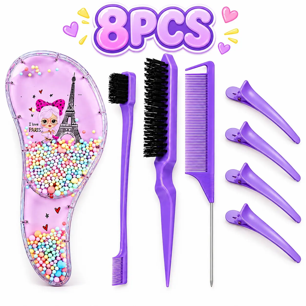 8-Piece Hair Styling Tool Set, Heatless Styling Tools, Includes Bead Comb, Side Brush, Styling Brush, Tail Comb, 4 Section Clips, Ideal for Daily Use, Home Hairstyling