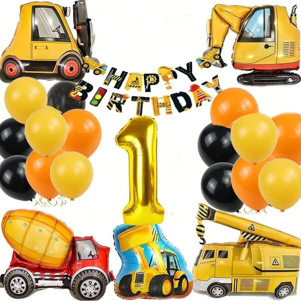 25-Piece Construction Truck Theme Birthday Balloon Set, Industrial Style, Includes Excavator Crane Mixer Balloons, Perfect for Boy's First Birthday Party Decor