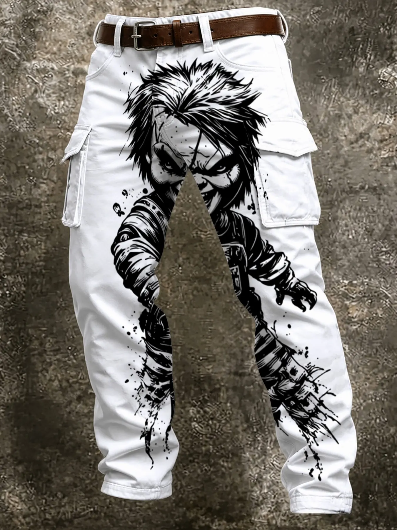 Chucky Halloween Men's Casual Long Pants, Ankle-Length Slim Fit, Button Fly, Random Print, Fall & Winter Fashion