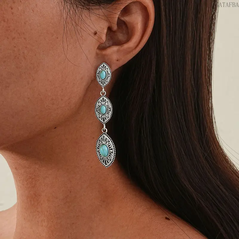 Women's Vintage Boho Ethnic 3-Layer Alloy Drop Earrings, Long Dangle Style with Oval Turquoise Accents for Sports & Outdoor Outfits, Three Layers,back to school,back to school haul