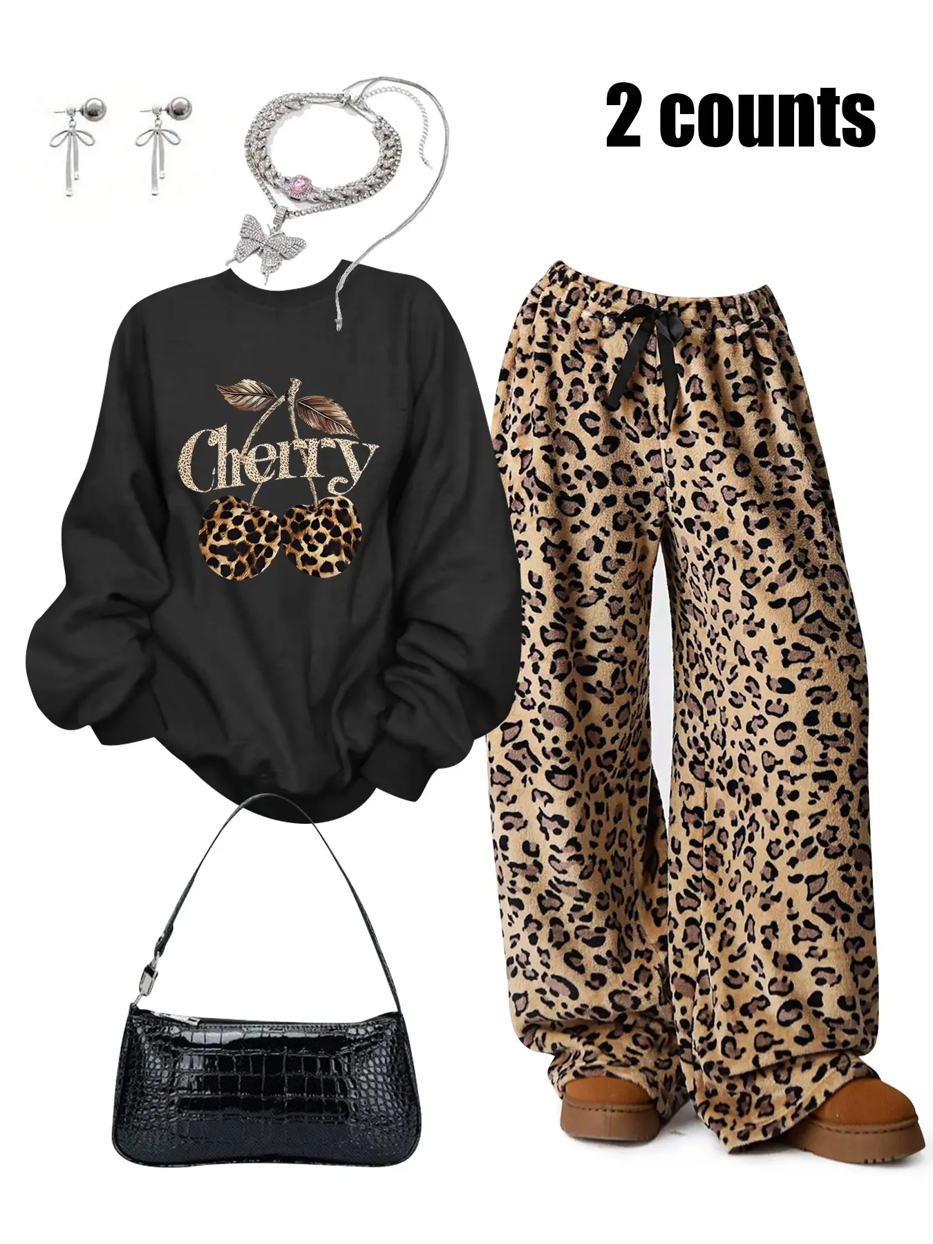 Women's Leopard Print Long Sleeve Sweatshirt Daily Set with Cherry Pattern, Comfortable Soft Fabric, Casual Fitted Top & Wide Leg Pants for Spring Fall Outfit, Casual Outfits Women