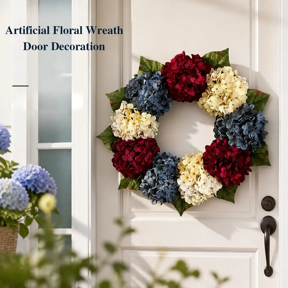 18 Inch Patriotic Hydrangea Wreath for Front Door, Red Navy Cream Artificial Hydrangea Wreath with Navy Bow, 4th of July Independence Day Wreath, Farmhouse Holiday Door Wreath for Porch Wall Home Indoor Outdoor Decor, Memorial Day Patriotic Decorations