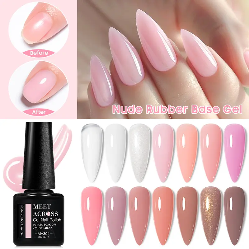 MEET ACROSS 7ml Nude Rubber Base Gel Polish, Clear Nude Pink Self-leveling Builder Gel Multi-functional Nail Strengthener Gel for Extension, 14 Color Options for Salon & DIY Nail Art Use, UV Light Gel