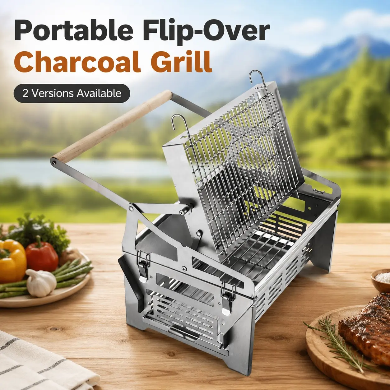 Portable 360° Flip Charcoal BBQ Grill, Stainless Steel Outdoor Grill with 2-Layer Basket, Press-to-Flip Design for Backyard, Camping, Picnic, Portable Bbqs